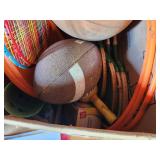 Lot of (2 Boxes) Outdoor/Sports Games and Toys, Hula Hoops, Airport Interlocking Play Mats, Sports Balls, Rackets, Clubs and more