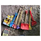 Lot of (~18) Sand and Garden Toys - Shovels, Rakes, Hoes