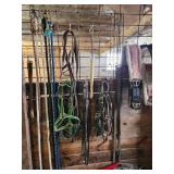 Equine Supplies - (6) Lead Ropes, (1) Bridle, Assorted Bits, (5) Halters, (9) Cinchers, (3) Buggy Whips, Leg Wraps, Saddle Bag, Box of Brushes and Hoof Tools