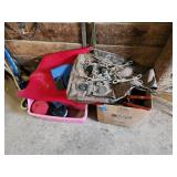 Equine Supplies - (6) Lead Ropes, (1) Bridle, Assorted Bits, (5) Halters, (9) Cinchers, (3) Buggy Whips, Leg Wraps, Saddle Bag, Box of Brushes and Hoof Tools