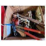 Equine Supplies - (6) Lead Ropes, (1) Bridle, Assorted Bits, (5) Halters, (9) Cinchers, (3) Buggy Whips, Leg Wraps, Saddle Bag, Box of Brushes and Hoof Tools