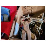 Equine Supplies - (6) Lead Ropes, (1) Bridle, Assorted Bits, (5) Halters, (9) Cinchers, (3) Buggy Whips, Leg Wraps, Saddle Bag, Box of Brushes and Hoof Tools
