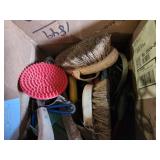 Equine Supplies - (6) Lead Ropes, (1) Bridle, Assorted Bits, (5) Halters, (9) Cinchers, (3) Buggy Whips, Leg Wraps, Saddle Bag, Box of Brushes and Hoof Tools