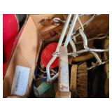 Equine Supplies - (6) Lead Ropes, (1) Bridle, Assorted Bits, (5) Halters, (9) Cinchers, (3) Buggy Whips, Leg Wraps, Saddle Bag, Box of Brushes and Hoof Tools