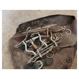 Equine Supplies - (6) Lead Ropes, (1) Bridle, Assorted Bits, (5) Halters, (9) Cinchers, (3) Buggy Whips, Leg Wraps, Saddle Bag, Box of Brushes and Hoof Tools