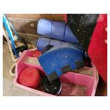 Equine Supplies - (6) Lead Ropes, (1) Bridle, Assorted Bits, (5) Halters, (9) Cinchers, (3) Buggy Whips, Leg Wraps, Saddle Bag, Box of Brushes and Hoof Tools