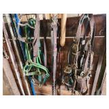 Equine Supplies - (6) Lead Ropes, (1) Bridle, Assorted Bits, (5) Halters, (9) Cinchers, (3) Buggy Whips, Leg Wraps, Saddle Bag, Box of Brushes and Hoof Tools