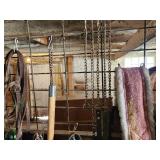 Equine Supplies - (6) Lead Ropes, (1) Bridle, Assorted Bits, (5) Halters, (9) Cinchers, (3) Buggy Whips, Leg Wraps, Saddle Bag, Box of Brushes and Hoof Tools