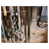 Equine Supplies - (6) Lead Ropes, (1) Bridle, Assorted Bits, (5) Halters, (9) Cinchers, (3) Buggy Whips, Leg Wraps, Saddle Bag, Box of Brushes and Hoof Tools
