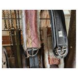 Equine Supplies - (6) Lead Ropes, (1) Bridle, Assorted Bits, (5) Halters, (9) Cinchers, (3) Buggy Whips, Leg Wraps, Saddle Bag, Box of Brushes and Hoof Tools