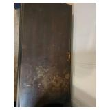 Vintage Wooden Side Table with Shelf, Metal Storage Cylinder, and Antique Wall Clock