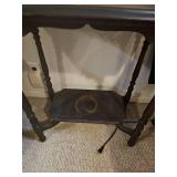 Vintage Wooden Side Table with Shelf, Metal Storage Cylinder, and Antique Wall Clock