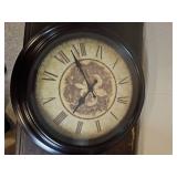 Vintage Wooden Side Table with Shelf, Metal Storage Cylinder, and Antique Wall Clock