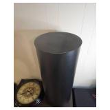 Vintage Wooden Side Table with Shelf, Metal Storage Cylinder, and Antique Wall Clock
