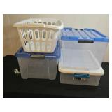 Lot of Plastic Storage Totes and Laundry Basket