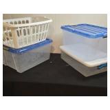 Lot of Plastic Storage Totes and Laundry Basket