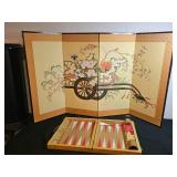 Vintage Backgammon Set with Decorative Folding Screen