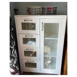 White Storage Cabinet with Glass-Front Drawers and Shelves