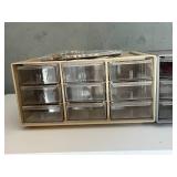 White Storage Cabinet with Glass-Front Drawers and Shelves