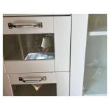 White Storage Cabinet with Glass-Front Drawers and Shelves