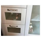 White Storage Cabinet with Glass-Front Drawers and Shelves