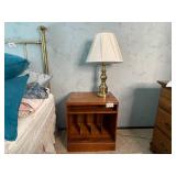 Wooden Nightstand with Divider and Brass Tone Table Lamp