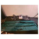 Lot of Folding Hand Truck, Green Bag, and Rain Jacket