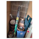 Assorted Gardening Supplies with Pots, Planters, and Storage Bin