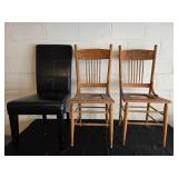 Mixed Set of Three Chairs - Two Wooden and One Black Leatherette