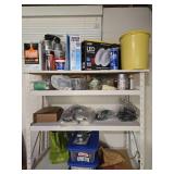 Mixed Lot of Household Supplies and Tools on Shelving Unit