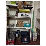 Mixed Lot of Household Supplies and Tools on Shelving Unit