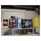 Mixed Lot of Household Supplies and Tools on Shelving Unit