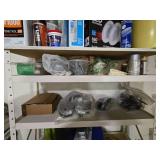 Mixed Lot of Household Supplies and Tools on Shelving Unit