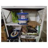 Mixed Lot of Household Supplies and Tools on Shelving Unit