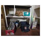 Mixed Lot of Household Supplies and Tools on Shelving Unit