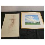 Lot of 2 Art Pieces - Framed Landscape Painting by Greg Lipelt and Pencil Sketch