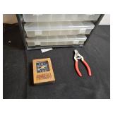 Lot of Storage Organizer with Plano Drawers, Timex Alarm Clock, Wood Desk Clock, and Pliers