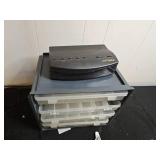 Lot of Storage Organizer with Plano Drawers, Timex Alarm Clock, Wood Desk Clock, and Pliers