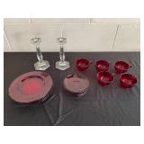 Vintage Ruby Red Glass Dinnerware Set with Crystal Candlesticks