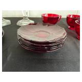 Vintage Ruby Red Glass Dinnerware Set with Crystal Candlesticks