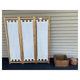 Wood and Fabric Folding Room Divider Screen, Wooden Box and Pot