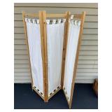 Wood and Fabric Folding Room Divider Screen, Wooden Box and Pot
