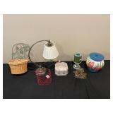 Assorted Decor Items: Ceramic Jar, Lamp, Candle Holder, Metal Basket
