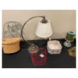 Assorted Decor Items: Ceramic Jar, Lamp, Candle Holder, Metal Basket