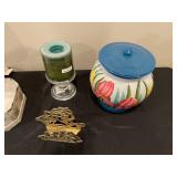 Assorted Decor Items: Ceramic Jar, Lamp, Candle Holder, Metal Basket