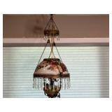 Antique Hanging Lamp with Floral Shade and Crystal Like Pendants