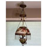 Antique Hanging Lamp with Floral Shade and Crystal Like Pendants
