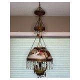 Antique Hanging Lamp with Floral Shade and Crystal Like Pendants