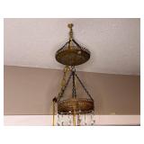 Antique Hanging Lamp with Floral Shade and Crystal Like Pendants