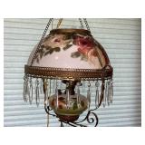 Antique Hanging Lamp with Floral Shade and Crystal Like Pendants
